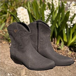 GUESS Black Embroidered Western Ankle Booties